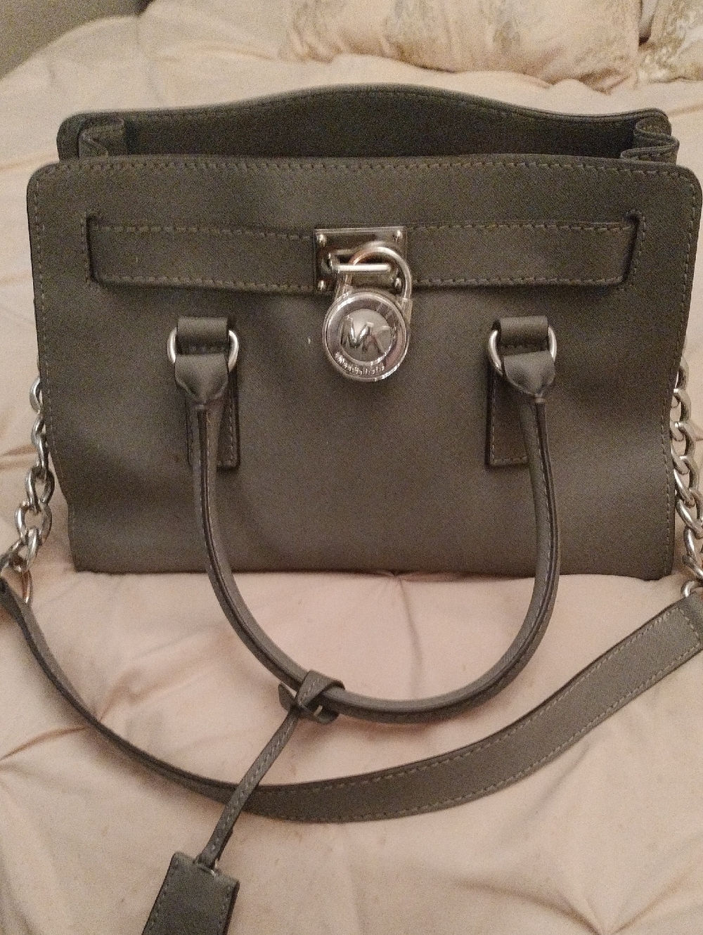 Michael Kors Olive Gray Leather Satchel with Silver-Tone Lock